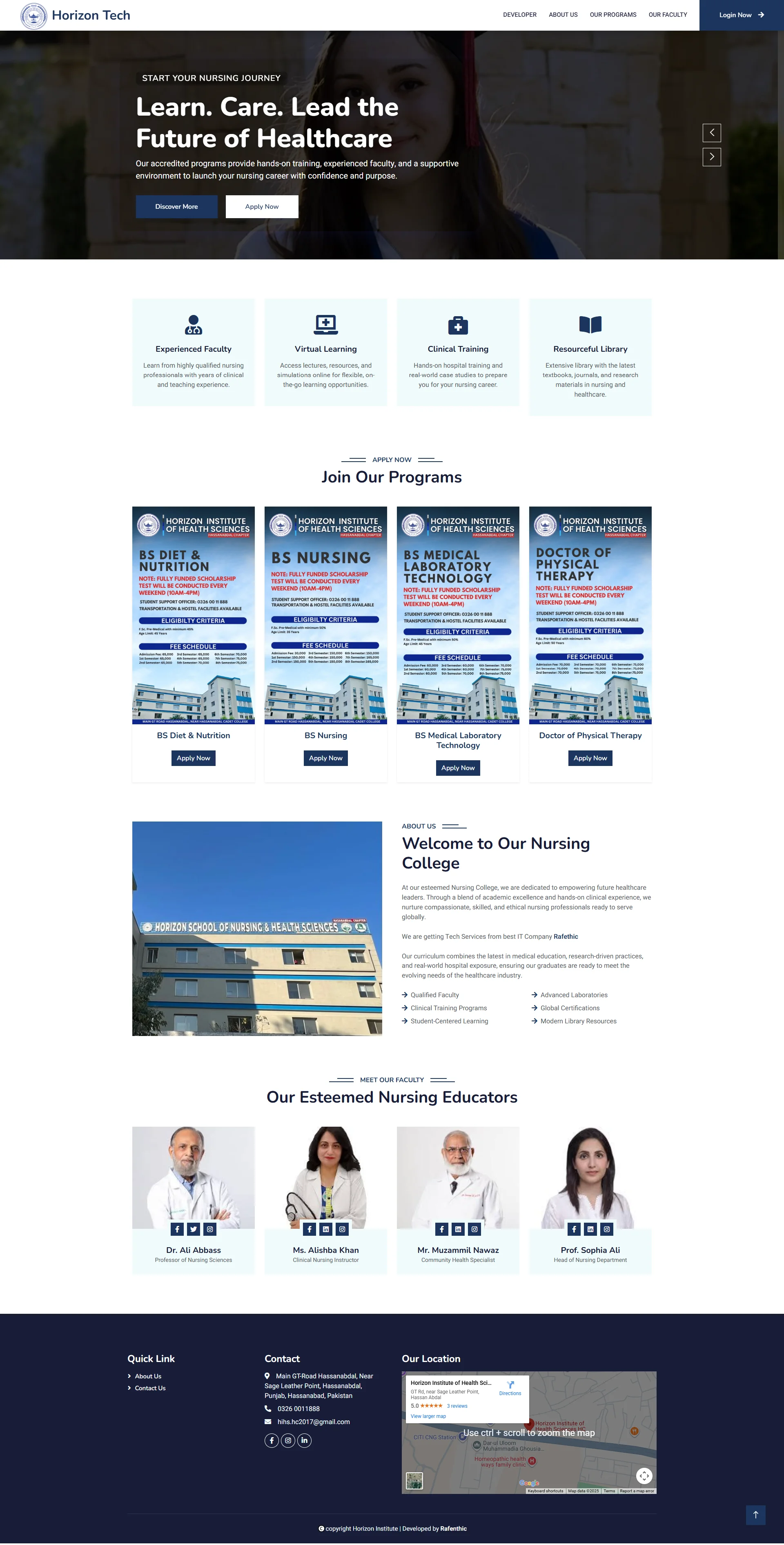Laptop mockup showing the HorizonEdge nursing education website homepage with headline ‘Empowering Future Healthcare Heroes’ and key features including experienced faculty, virtual learning, clinical training, and resourceful library