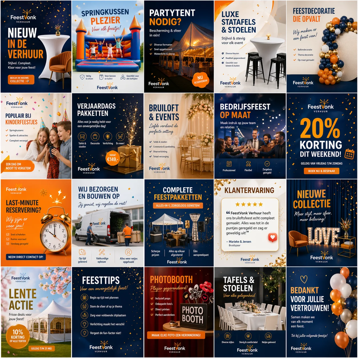 Premium social media marketing grid and brand identity showcase for FeestVonk Verhuur party goods rental business, featuring elegant event setups and promo graphics in a deep purple theme.