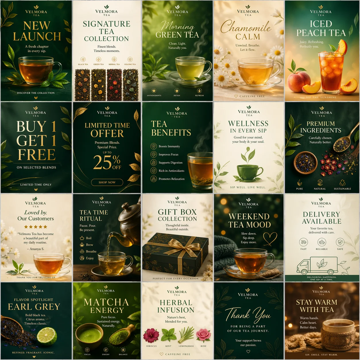 A comprehensive social media marketing grid for Velmora Tea, featuring premium tea collections like Matcha, Earl Grey, and Chamomile, alongside promotional ads, brand launch graphics, and wellness-focused content in a signature green and gold theme.