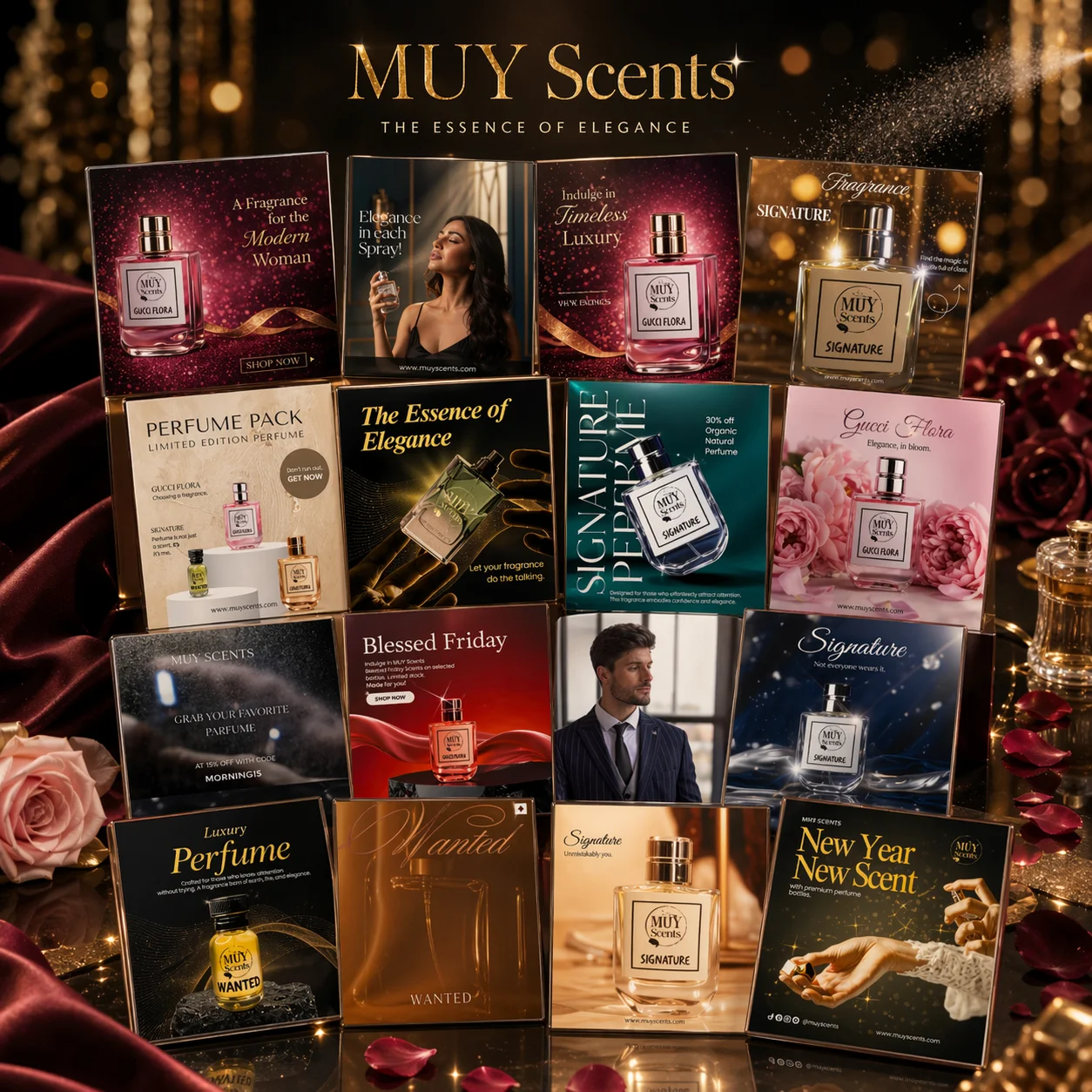 A luxury social media marketing showcase for MUY Scents, featuring elegant perfume bottle designs, gold-embossed branding, and promotional graphics for "Signature" and "Wanted" fragrances against a backdrop of deep red silk and rose petals.