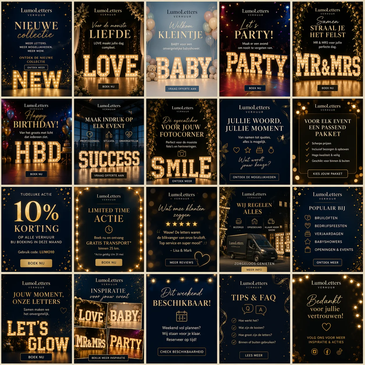 Social media marketing grid and brand identity showcase for Lumo Letters light rental business, featuring elegant marquee letters, premium event lighting setups, and promotional graphics in a dark purple theme.