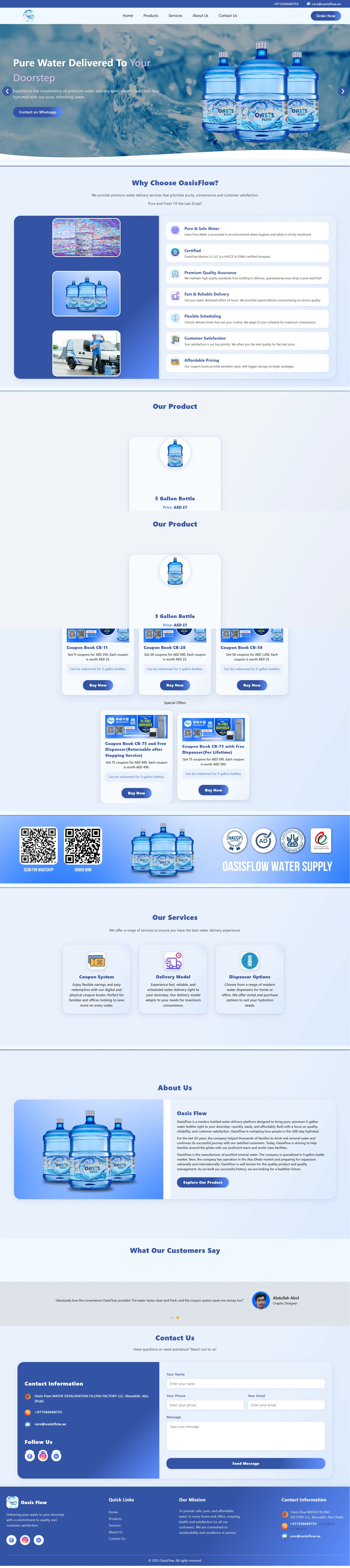 OasisFlow UAE water supply website showing limited time offers on water bottles and dispensers
