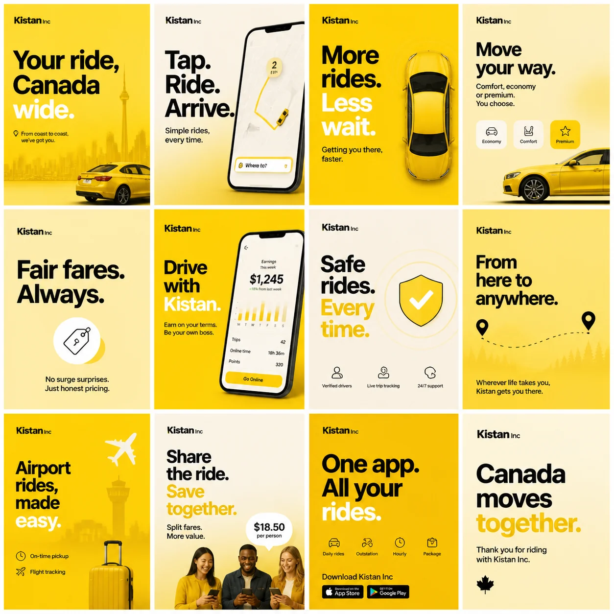 Social media marketing grid and brand launch strategy for Kistan Inc ride-booking service in Canada, showcasing localized promotional ads and mobile app user acquisition graphics.