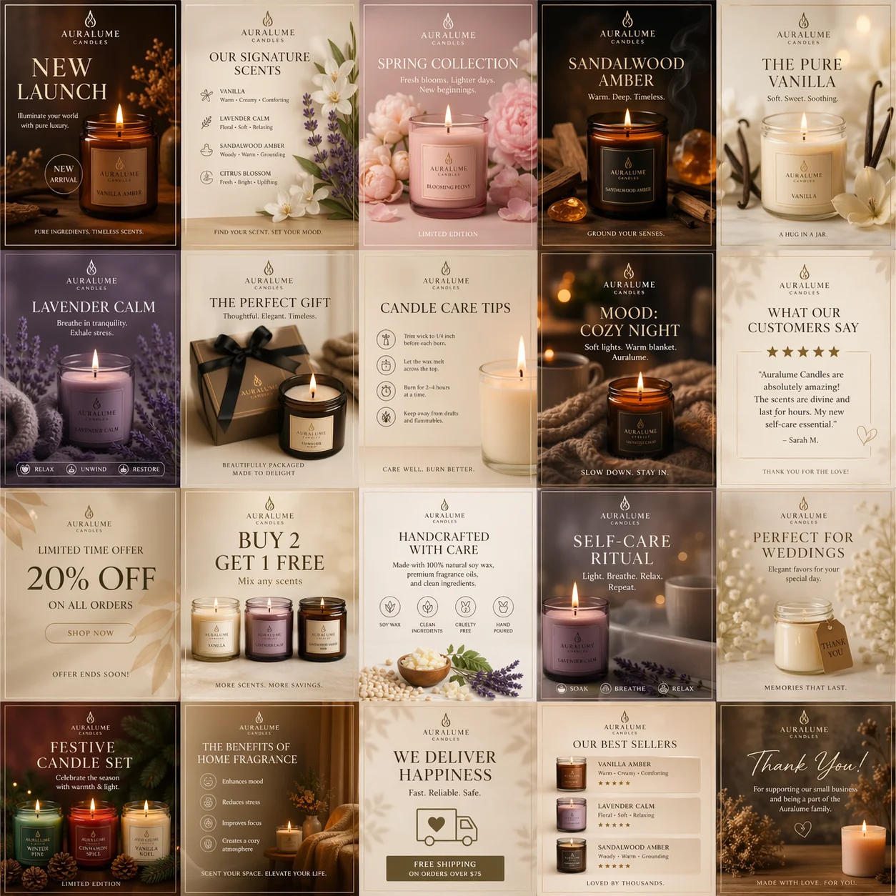 Premium social media marketing grid and brand identity showcase for AuraLume Candles online store, featuring artisanal hand-poured products and minimalist graphics in a dark purple theme.