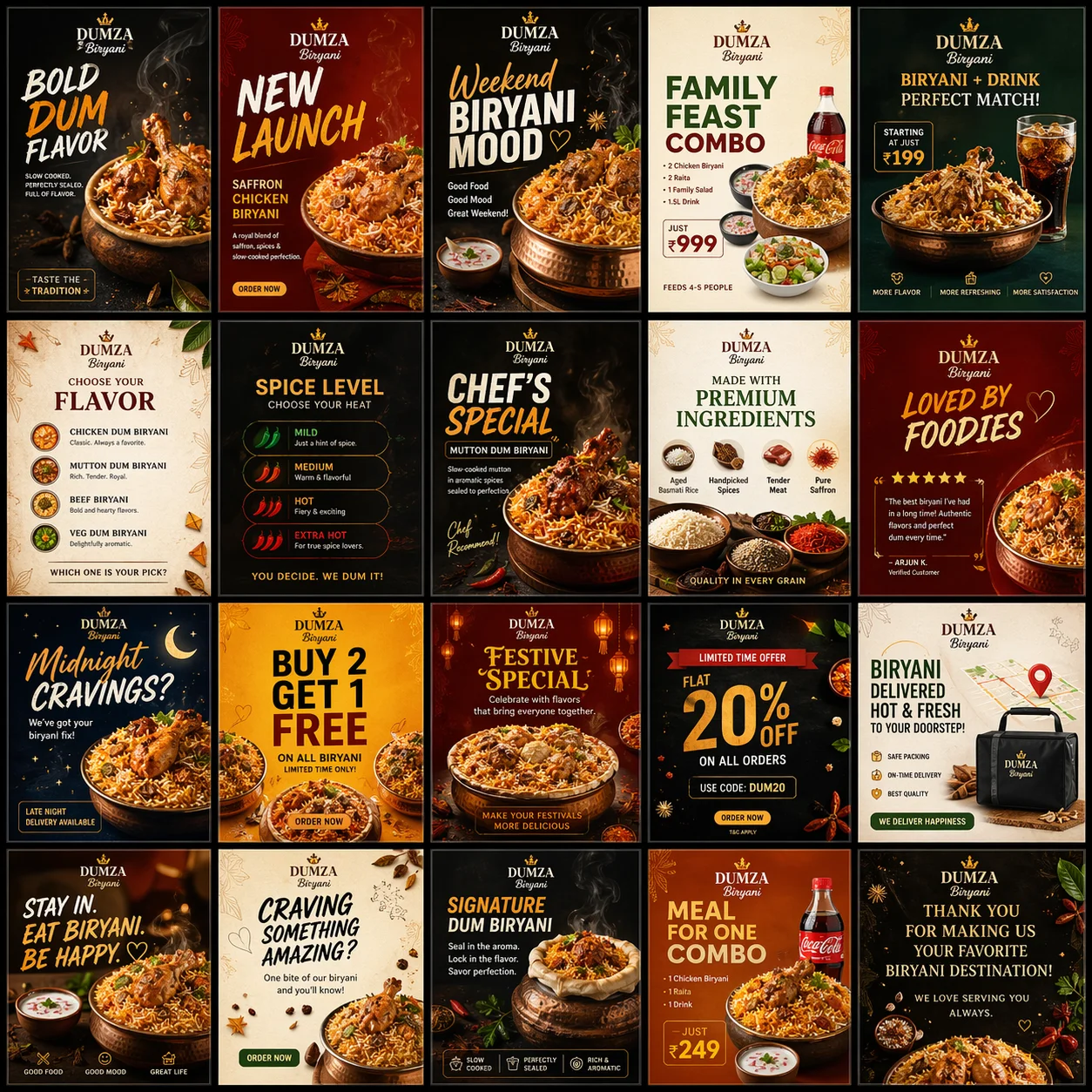 A comprehensive social media marketing grid for Dumza Biryani, featuring high-quality food photography of Mutton and Chicken Biryani, promotional combo offers, spice level indicators, and customer review graphics.