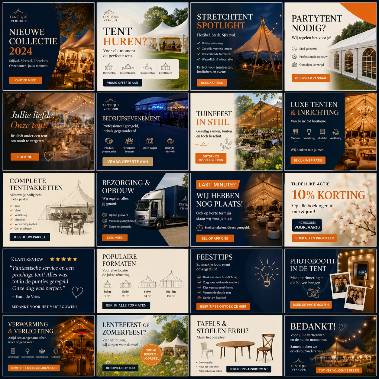 A professional social media marketing grid for Tentique Verhuur, a Dutch tent rental company, featuring high-end tent designs, event lighting showcases, "Bedrijfsevenement" (corporate event) graphics, and promotional discount ads in Dutch.